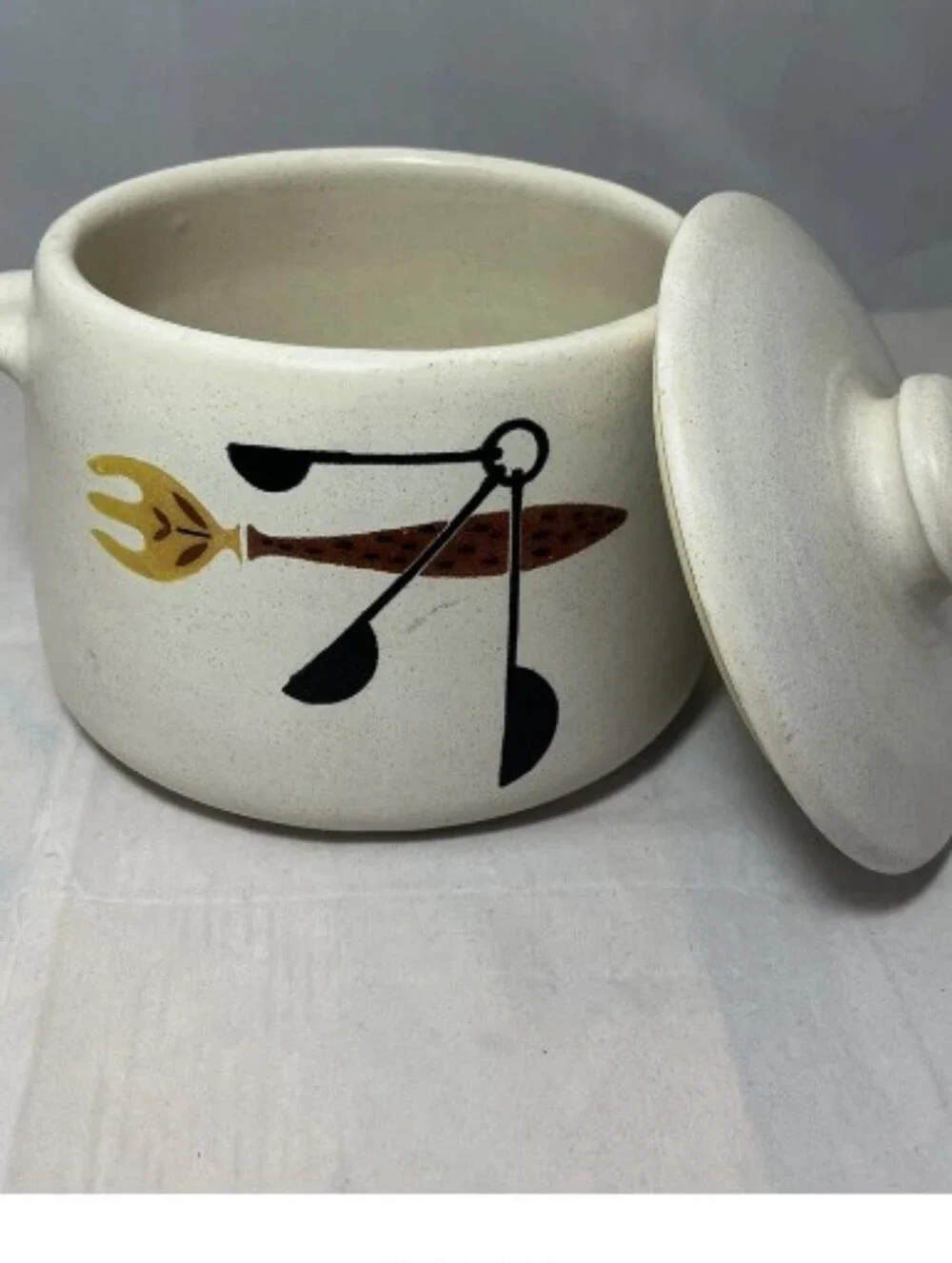 Cream Stoneware Covered Bean Dish with Spoon & Fork Motif